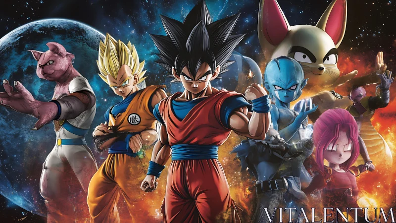 Dynamic anime fighters in cosmic battle-ready formation.