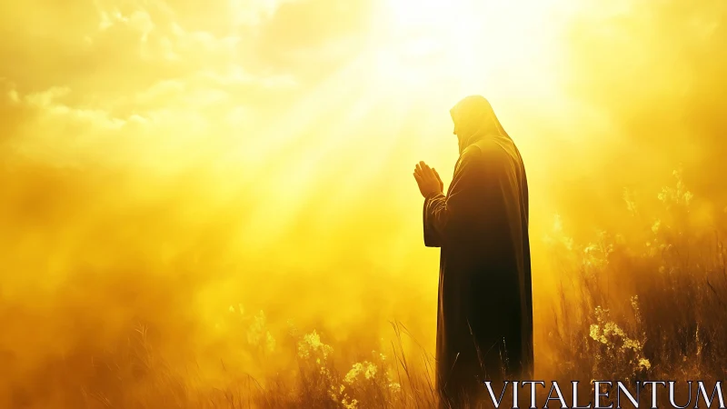 Golden sunrise prayer in a peaceful glowing meadow.