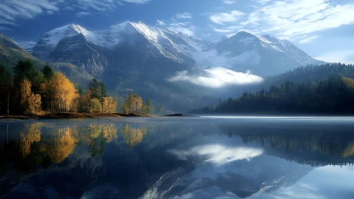 Snowcapped mountain lake reflects golden autumn forest quietly