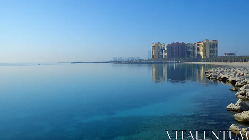 Coastal skyline with calm bay waters and rocky shoreline.