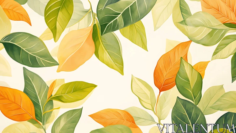 Gentle falling leaves in soft green and golden tones.