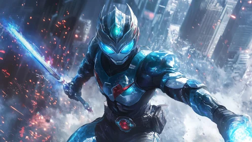 Fearless blue-armored cyber hero soaring above the city.