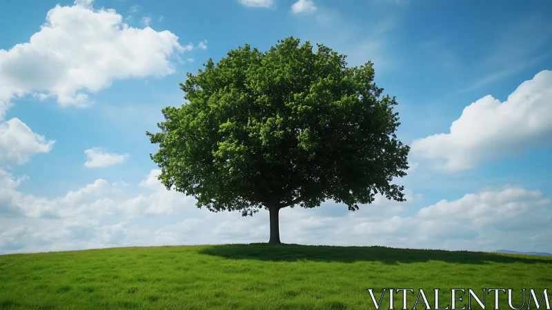 Majestic lone tree on grassy hill under bright blue sky, realistic style.