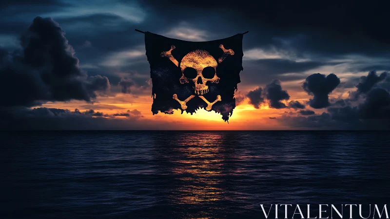 Weathered pirate skull flag suspended over dark ocean horizon