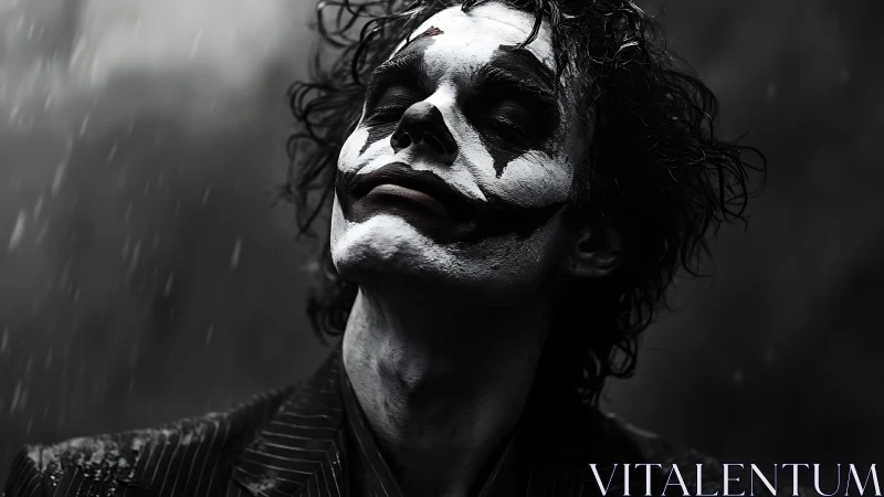 Storm-soaked clown tilts his head and welcomes the rain