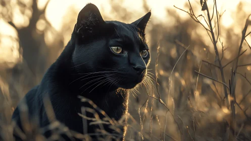 Black Feline Portrait: Golden Hour Woodland Setting with Luminous Amber Eyes