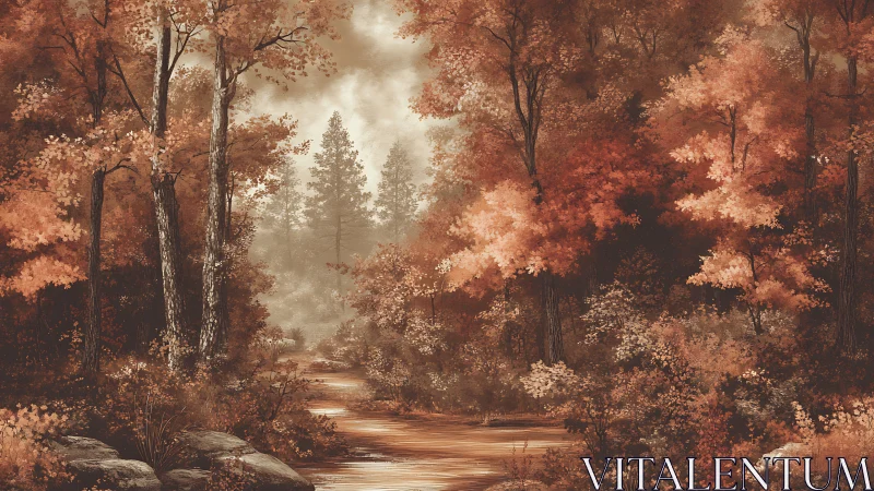 Autumn forest path winds through misty golden foliage.