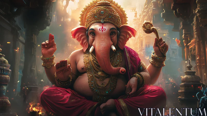 Majestic Ganesha seated in glowing temple corridor.