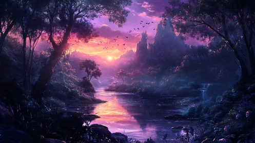 Enchanted twilight river cradles a glowing lavender sunrise.
