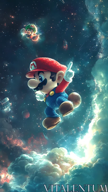 Mario characters drift through luminous cosmic nebulae.
