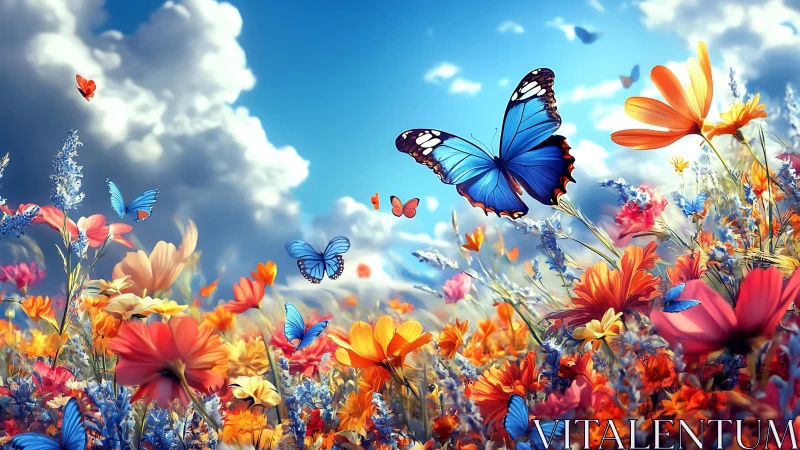 Butterflies over multicolored wildflower meadow under clouds.