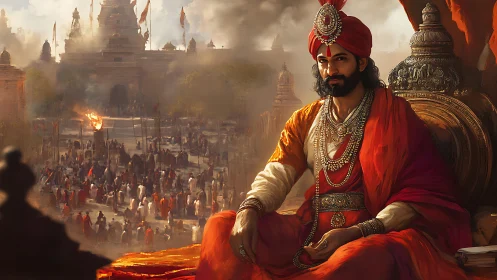 Regal Indian monarch in ornate textiles overseeing temple crowds