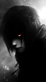 Monochrome profile of hooded figure with single red eye.