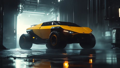 Futuristic yellow offroad supercar dominates neon wet hangar