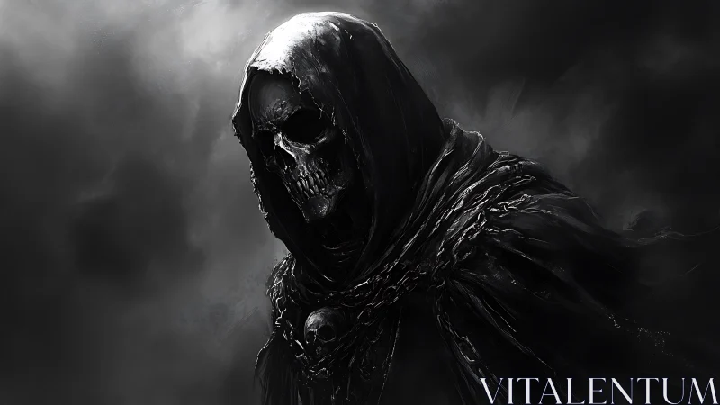 Hooded skeletal reaper emerging from swirling black void.