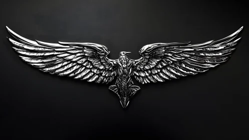 Metallic eagle with spread wings on black background, modern style.