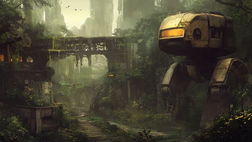Overgrown quadruped mech surveys decayed elevated concrete span