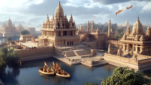 Riverside temple complex with boats and stepped ghats.