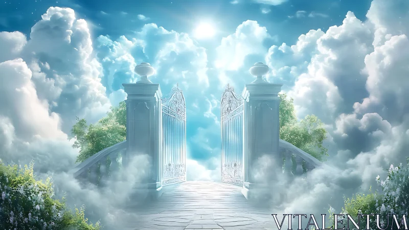 Radiant heavenly gates open into a serene luminous sky