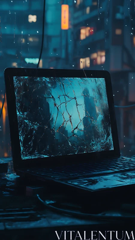 Broken laptop screen shows wet city at night during rainfall