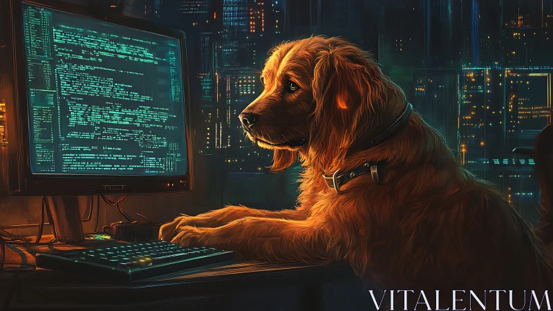Curious golden dog calmly codes in a neon city workspace
