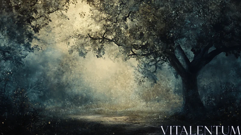 Dim forest clearing is illuminated by diffuse central light source