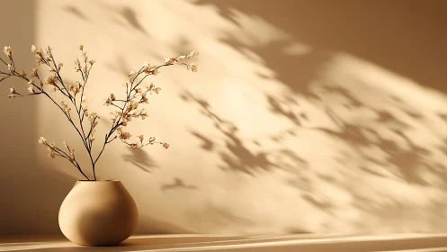 Minimalist dried flowers in beige vase with soft sunlight shadows.