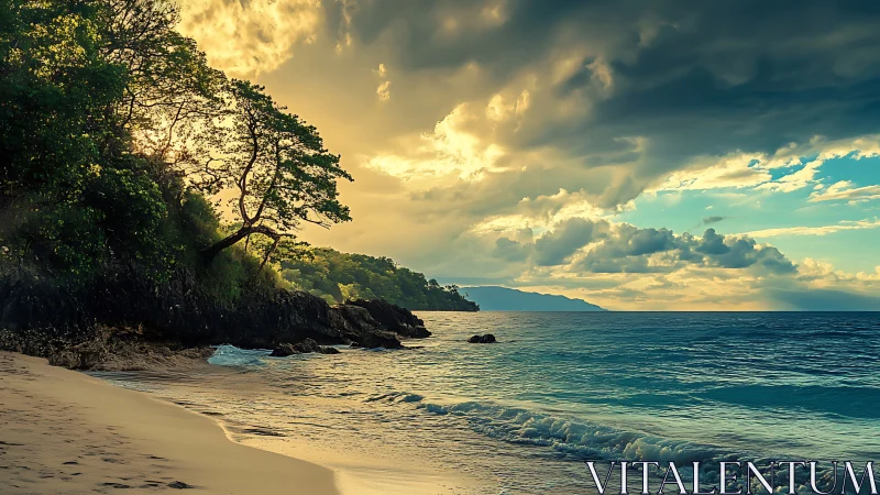 Tropical Beach with Limestone Cliffs at Golden Hour.