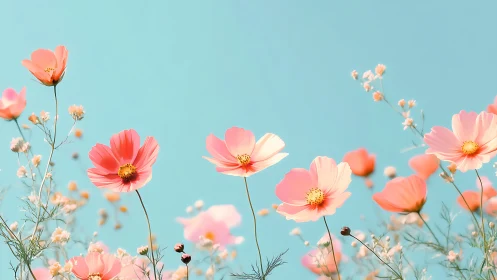 Cosmos flowers against clear sky background.
