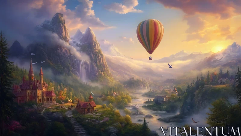 Hot air balloon over colorful fantasy river valley.