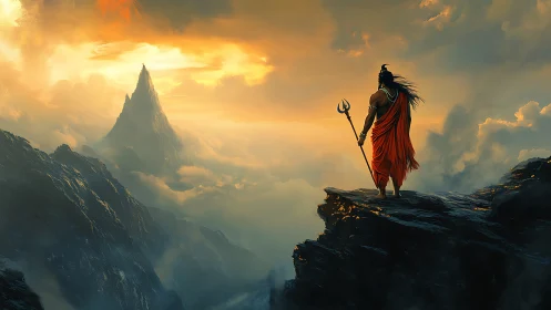 Warrior monk surveys misty mountain at burning dawn.