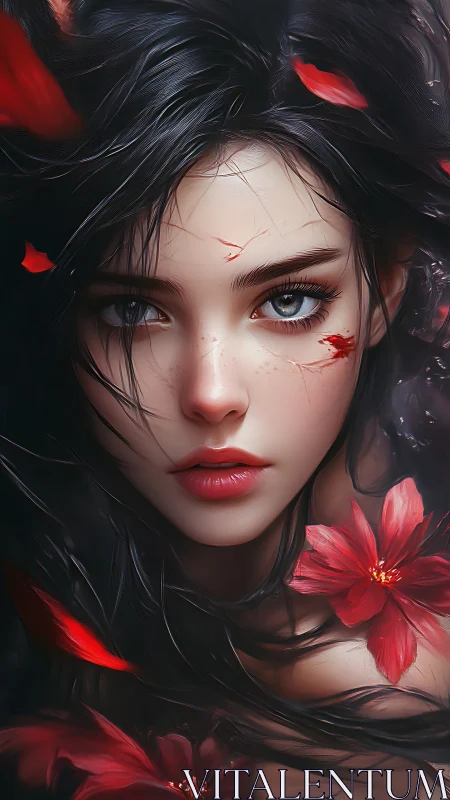 Wounded ethereal girl gazes forward amid vivid red blossoms