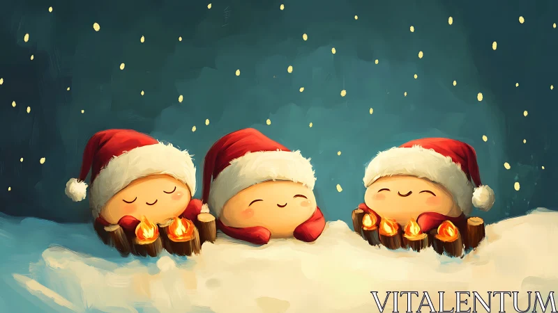Cute Christmas characters glow beside warm candlelight.