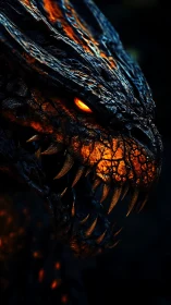 Molten-eyed dragon prowls in ember-lit, shadow-scorched night.