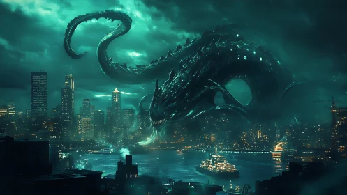 Colossal sea monster looms over neon lit modern city harbor.