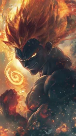 Muscular flame-haired figure in fiery digital environment.