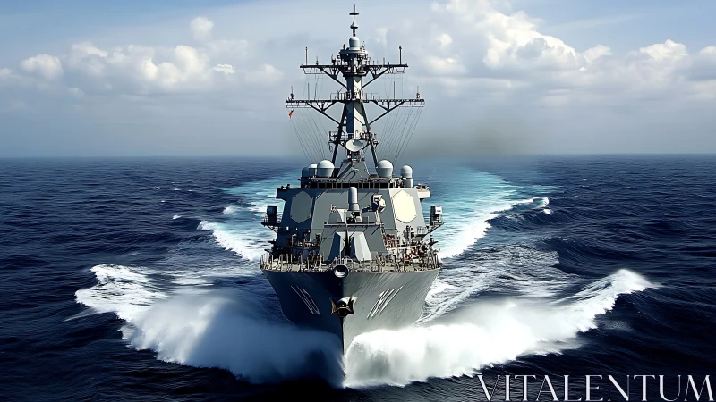 Powerful naval ship cuts confidently across deep blue waves