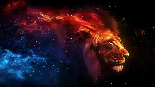Cosmic lion head burns through swirling nebula clouds
