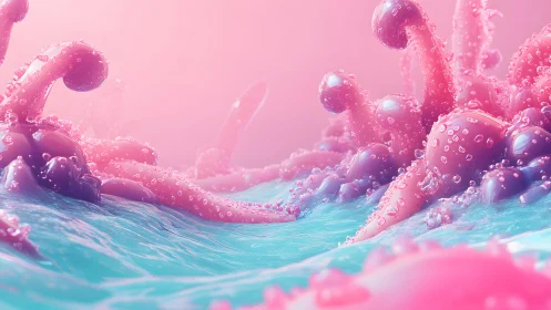 Surreal Pink and Blue Tentacle Landscape in Glossy 3D Art Style.