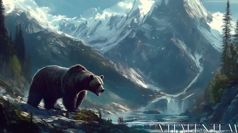 Brown bear in alpine valley with snowy mountains and lake.