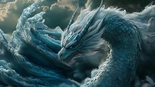 Storm-touched sea dragon swirling through rolling clouds.