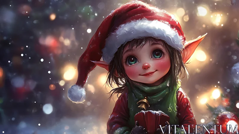 High-detail festive elf portrait with luminous bokeh field.