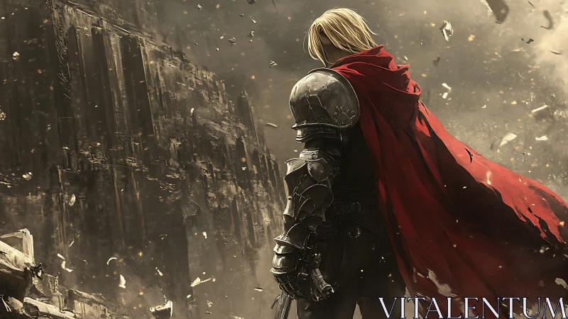 Armored warrior in red cloak facing crumbled dark citadel.