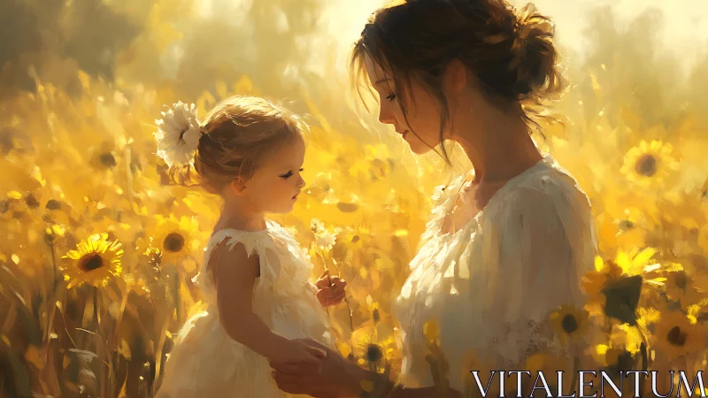 Mother and daughter in luminous sunflower field portrait.