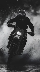 Off-road motorcyclist moving through wet terrain at night.