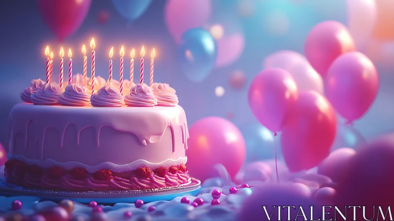 Birthday Cake with Lit Candles Surrounded by Pink Balloons.