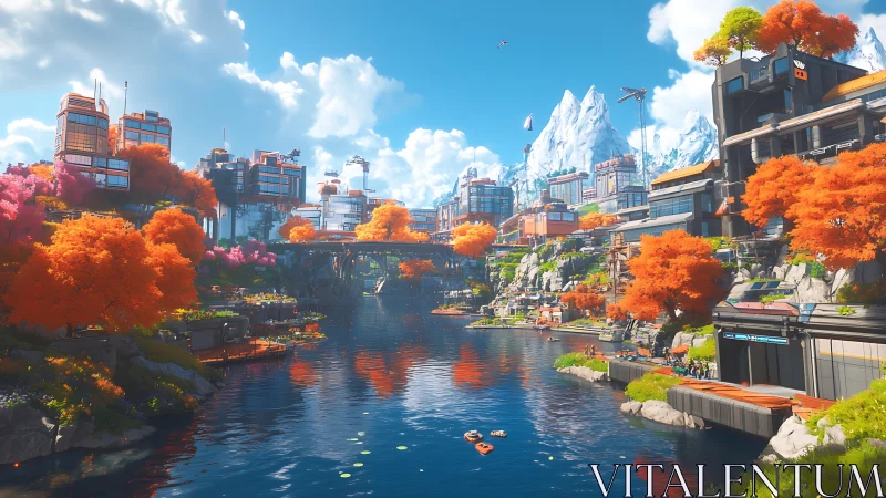 Futuristic river city framed by vivid autumn foliage