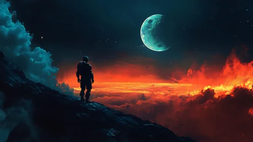 Lone astronaut watches a burning alien horizon under moon