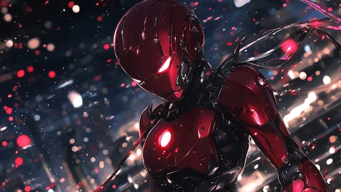 Red armored humanoid robot stands amid dynamic urban lights
