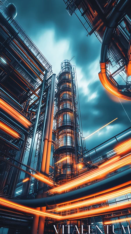 Towering cyberpunk refinery with neon energy streams.